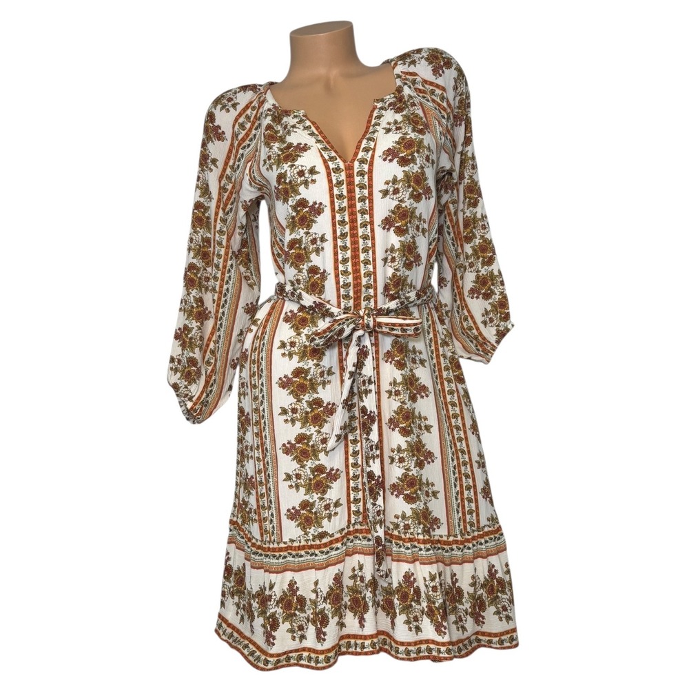 LOFT Women's Size XXS Floral Tie Waist V Neck Midi Dress White Orange Boho